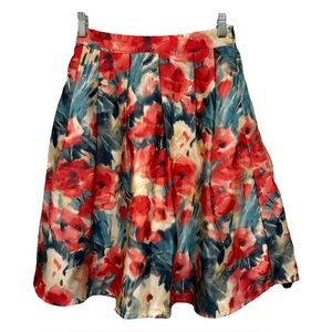 Everly Floral Pleated Skirt Red Blue Watercolor Print Lined Women’s Small